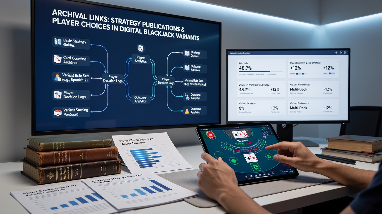 Archival documents and digital blackjack interface showing historical strategy influences