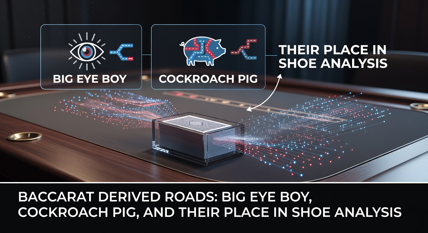 A detailed baccarat road chart displaying Big Eye Boy and Cockroach Pig patterns alongside the main Big Road, highlighting choppy and streaky sequences in a typical shoe
