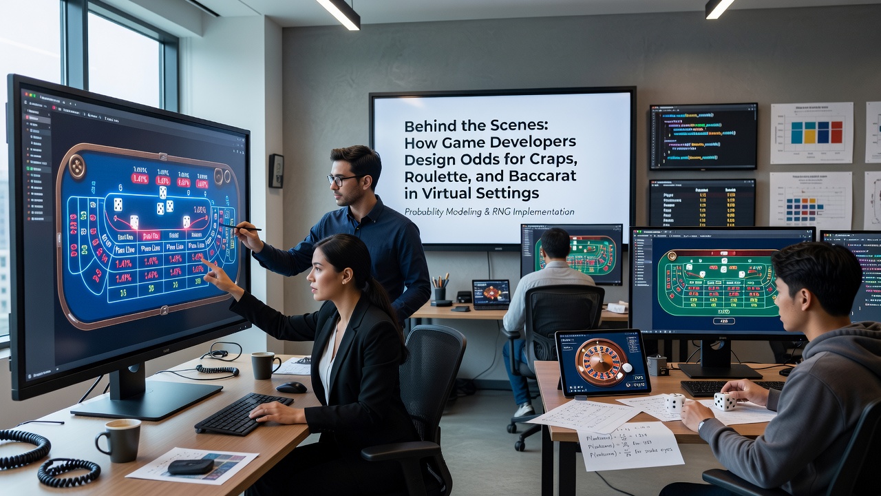 Game developers reviewing probability algorithms on multiple screens in a studio setting