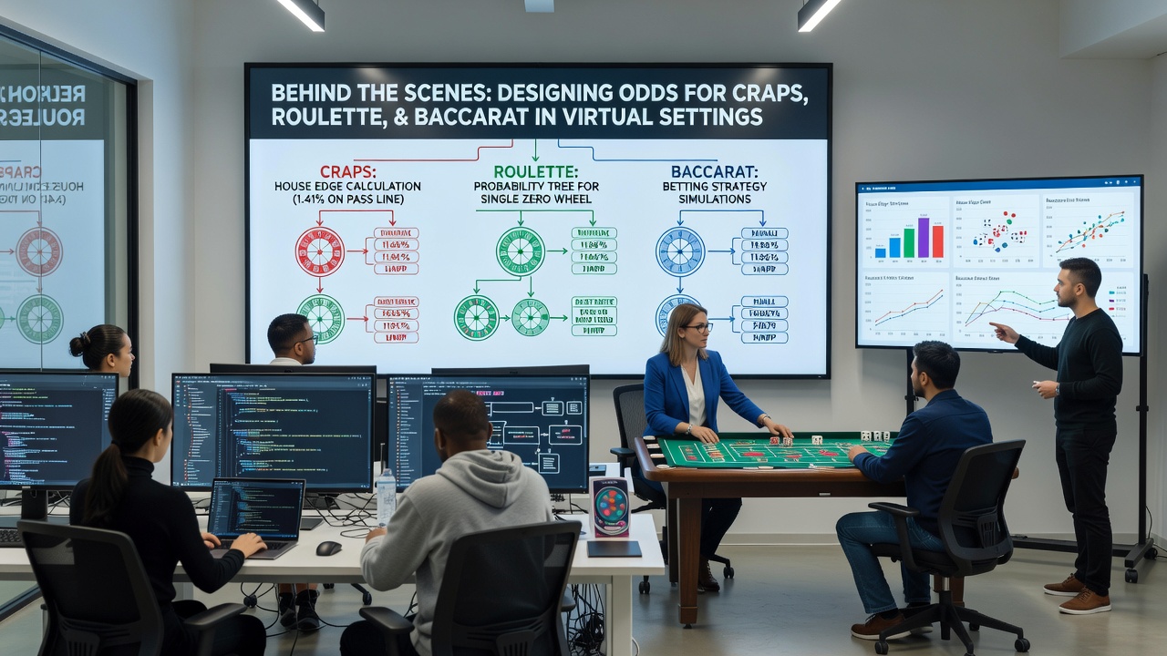 Developers testing RNG outputs against probability tables on a large monitor array
