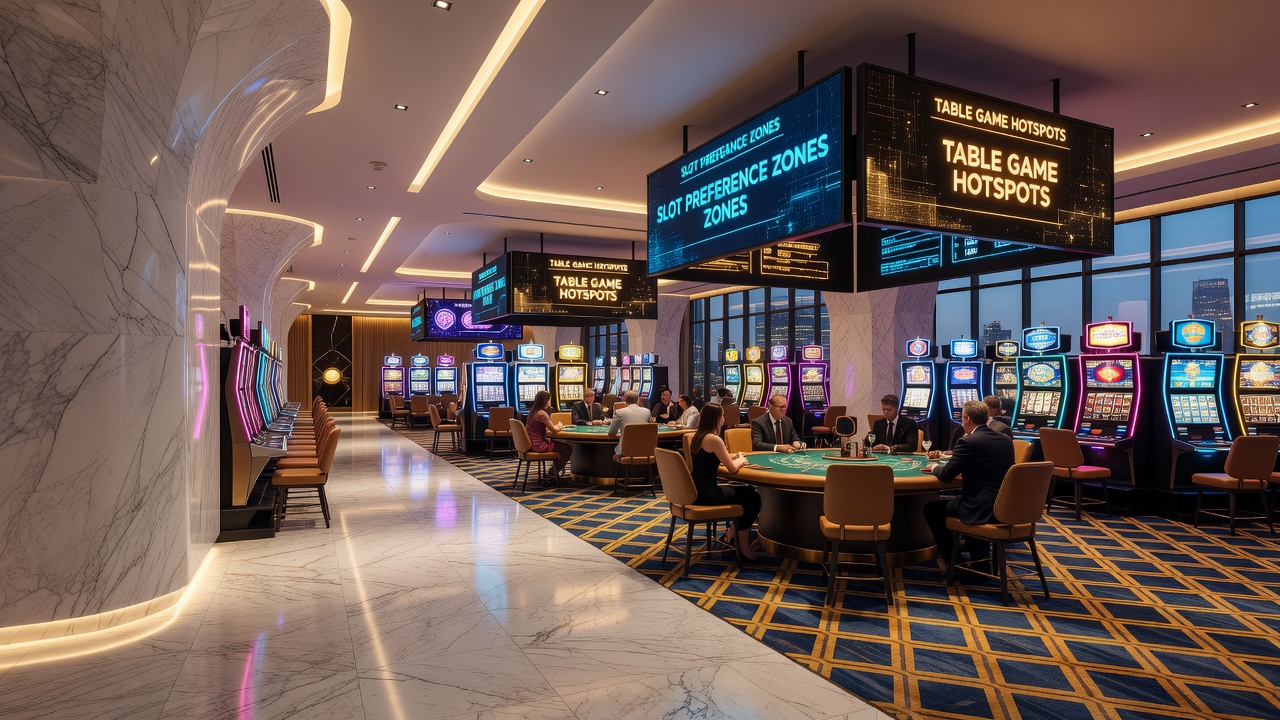 Casino floor layout with pathways guiding players toward slot machines and table games in a high-traffic venue