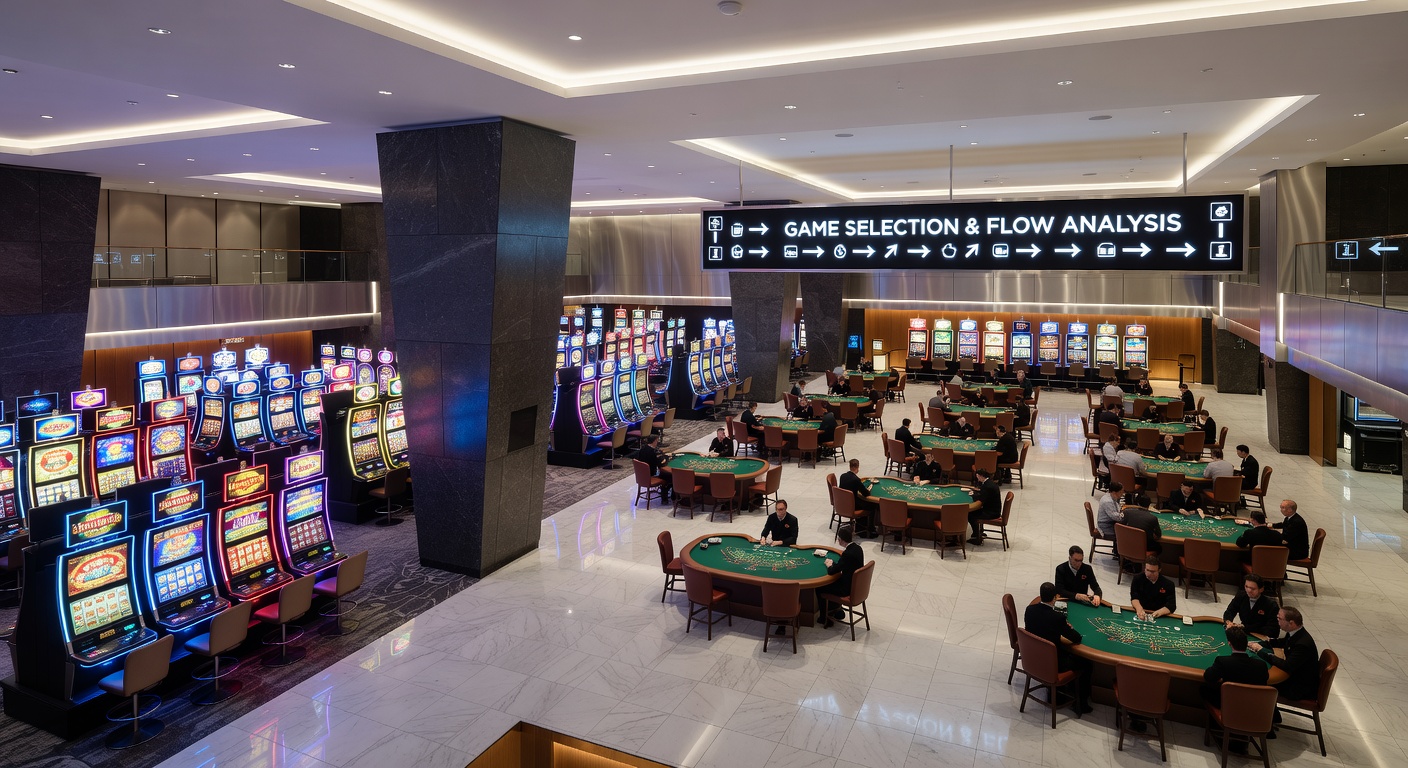 Interior view of a busy casino showing strategic game placement along main pathways and lighting effects on player movement