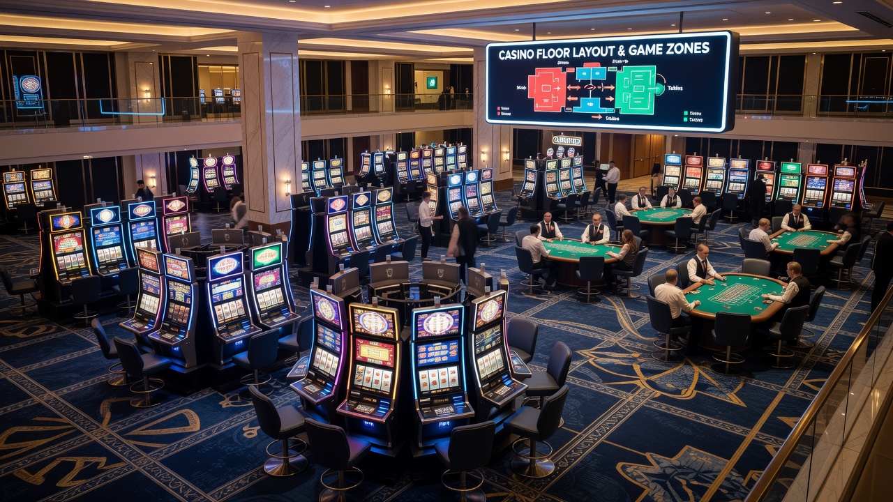 Overview of a typical casino floor layout with slot machines and table games arranged in distinct zones