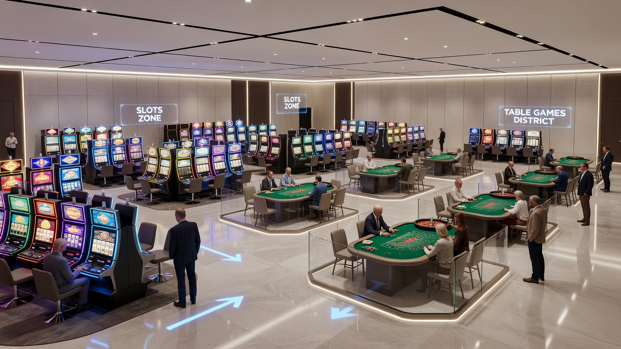 Detailed view of a casino floor showing player pathways and game clustering