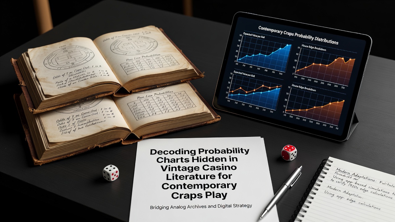 Historical probability chart from a 1950s casino manual showing dice outcome distributions for craps