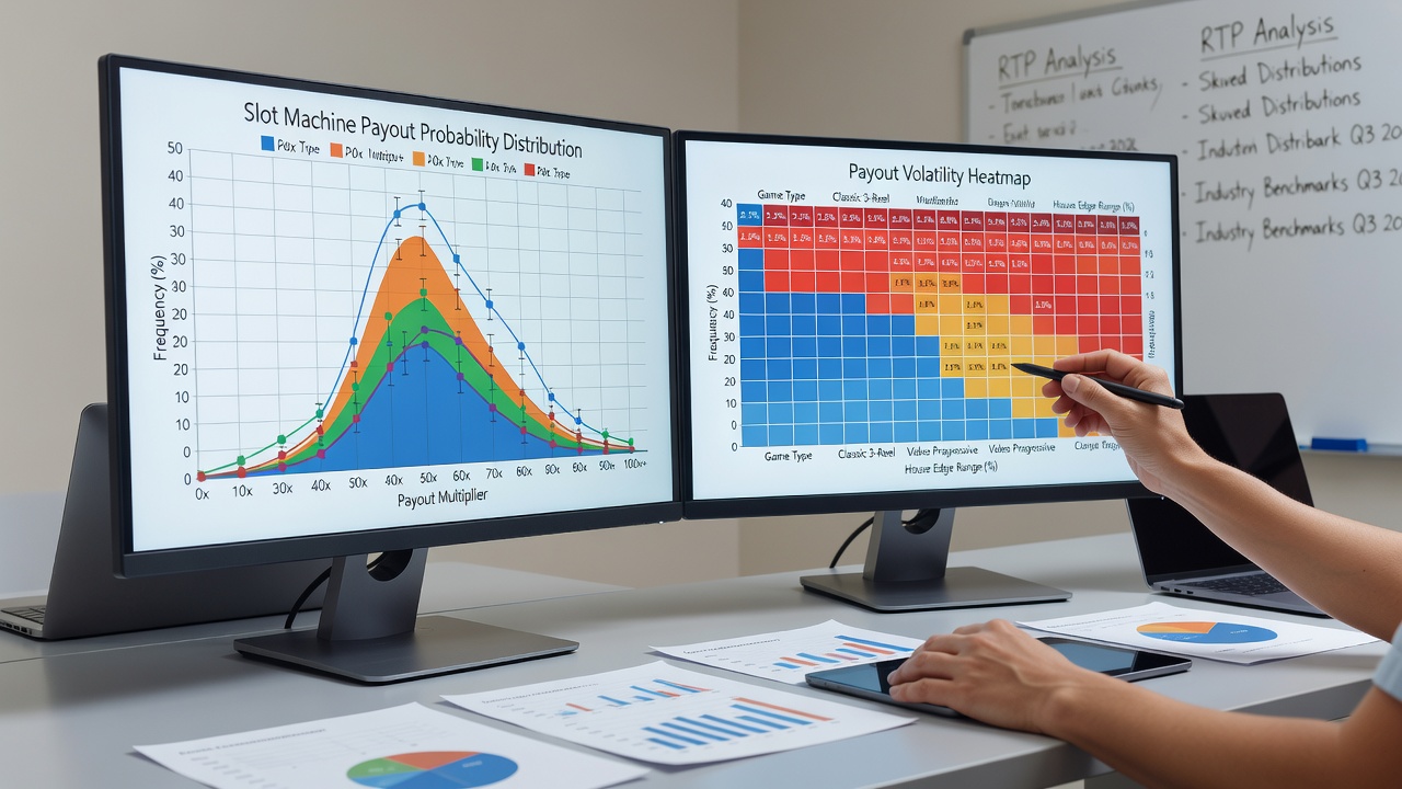 Graph illustrating volatility levels and payout frequency distributions from slot machine performance records