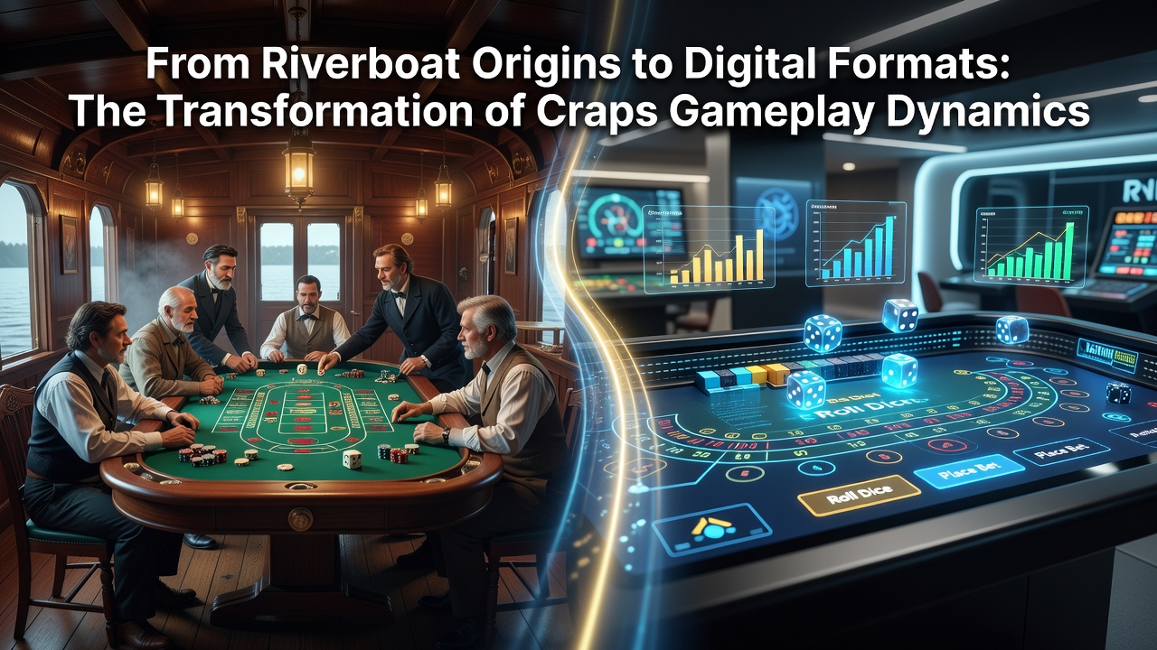 Historical illustration of craps gameplay on a 19th-century Mississippi riverboat with players gathered around a table
