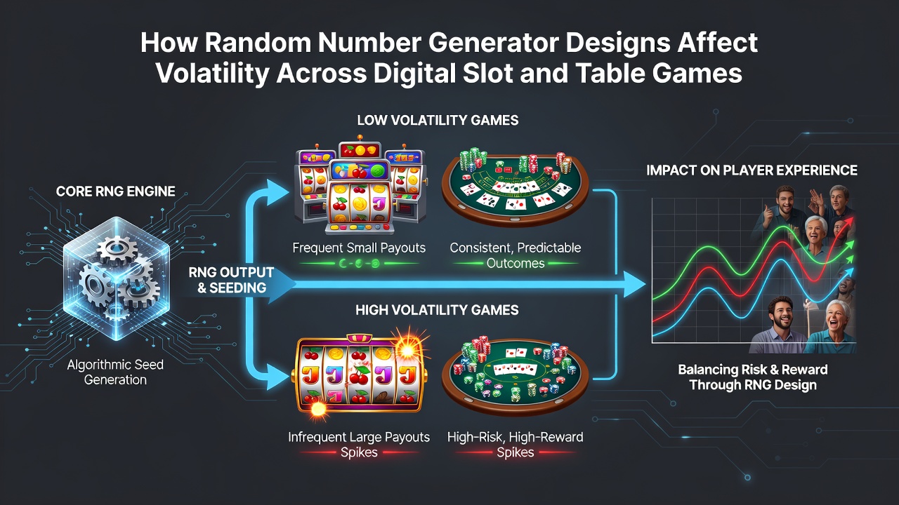 Diagram illustrating RNG architecture components in digital casino games including seed generation and distribution mapping