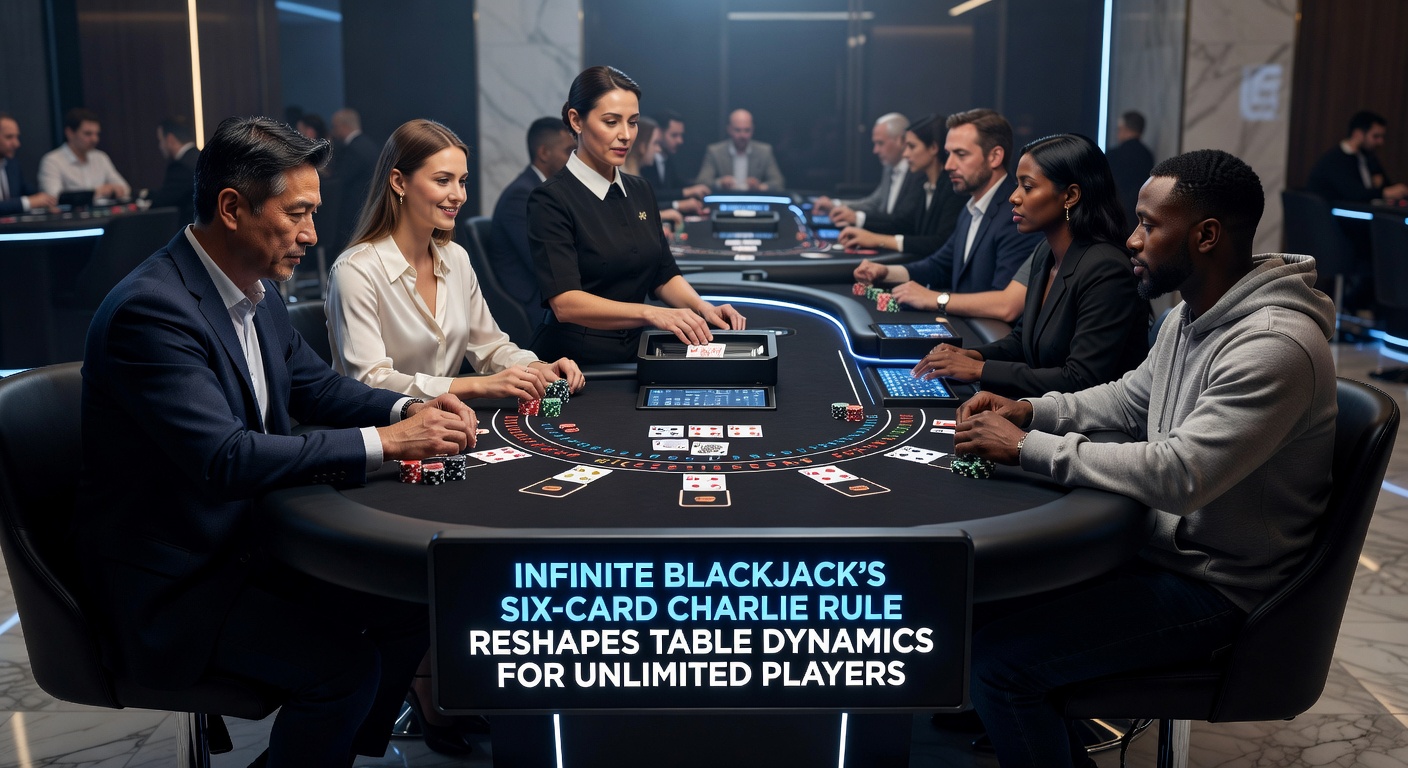 Digital rendering of an Infinite Blackjack table showing multiple player seats around a shared dealer, with Six-Card Charlie payout icons glowing on the screen
