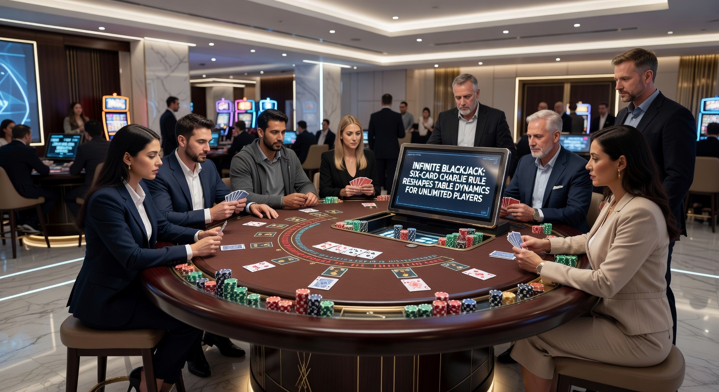 Close-up of a Six-Card Charlie hand in Infinite Blackjack, displaying six player cards totaling 19 next to the dealer's upcard, with payout animation