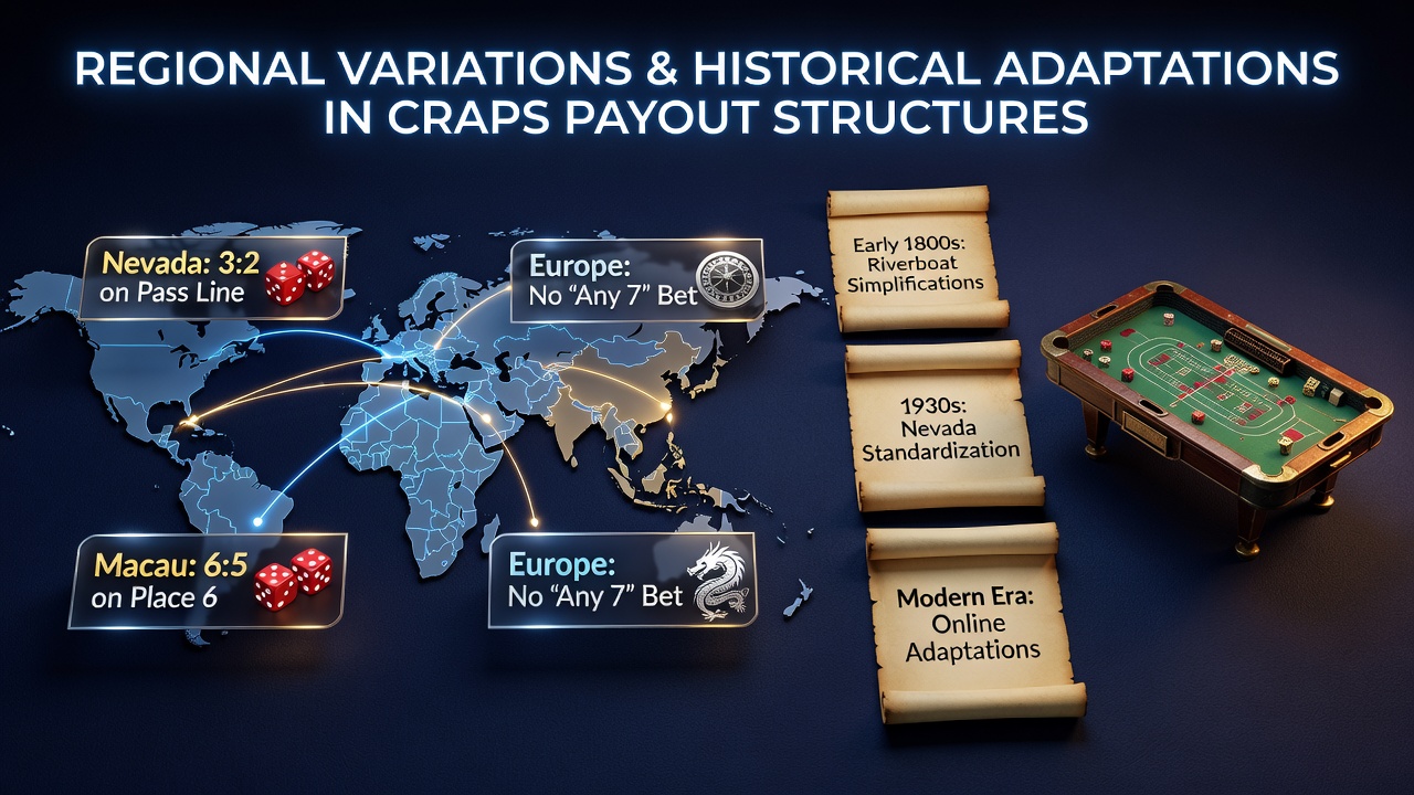 Regional craps table layout showing payout differences in various casino settings