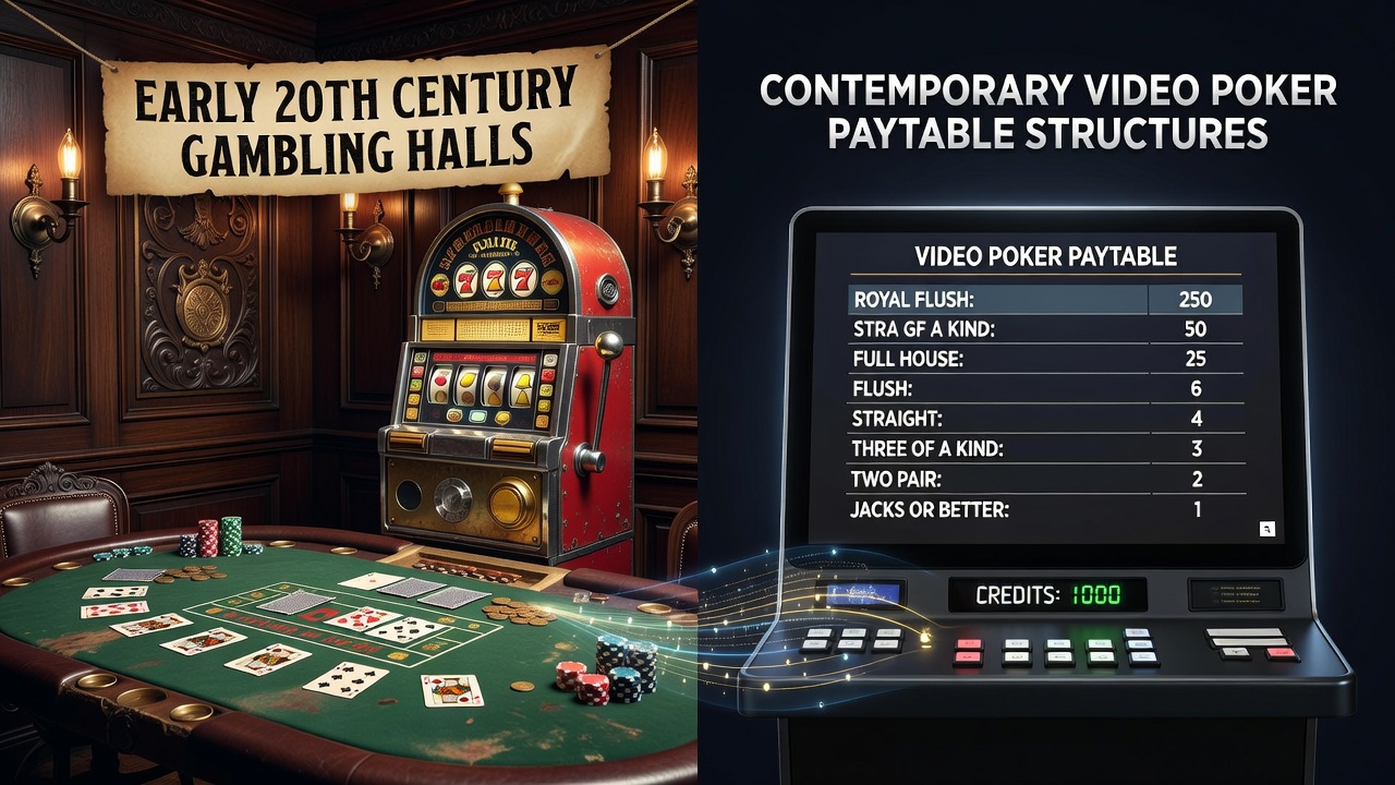Historic 1920s gambling hall interior with card tables and players in period attire