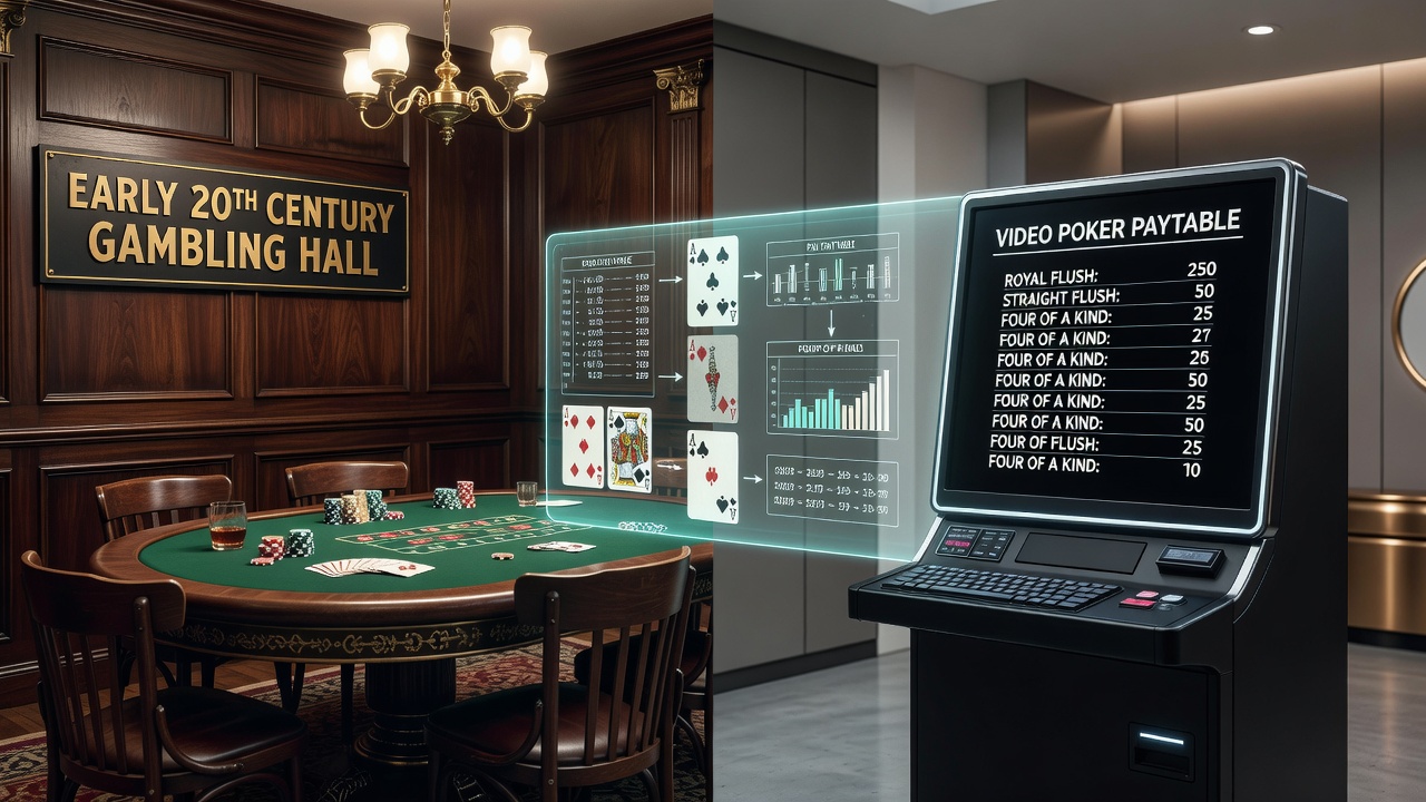 Modern video poker terminal screen displaying paytable alongside vintage gambling hall photograph overlay