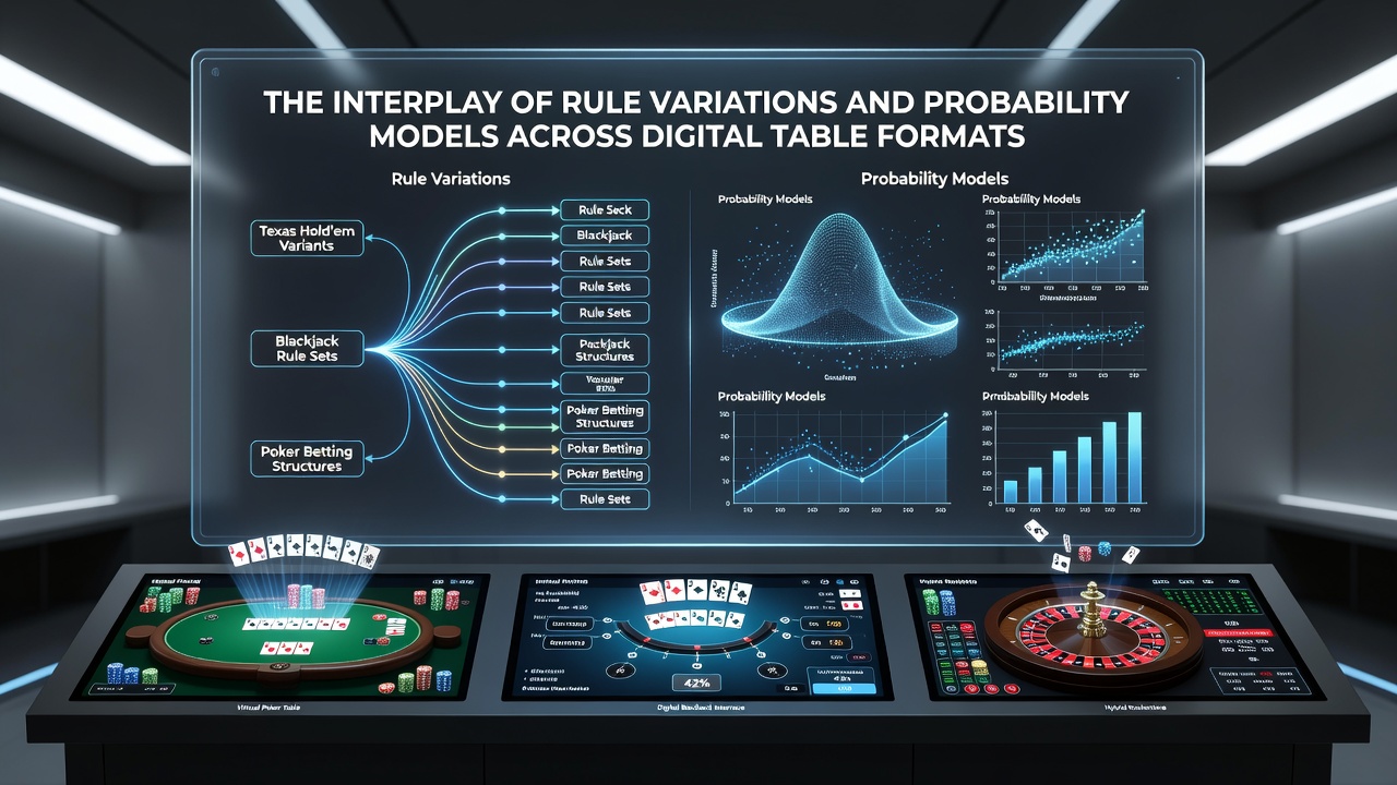 Digital table game interfaces displaying varied blackjack and roulette rule sets on multiple screens