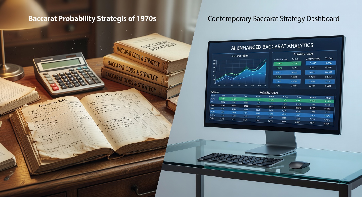 Historical baccarat probability tables from the 1970s displayed alongside early casino records