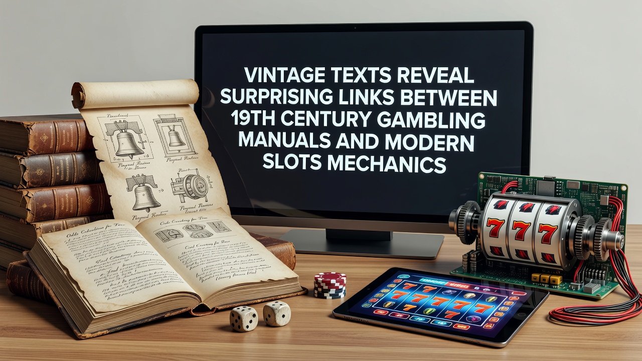 Pages from 19th century gambling manuals displayed next to modern slot machine interfaces