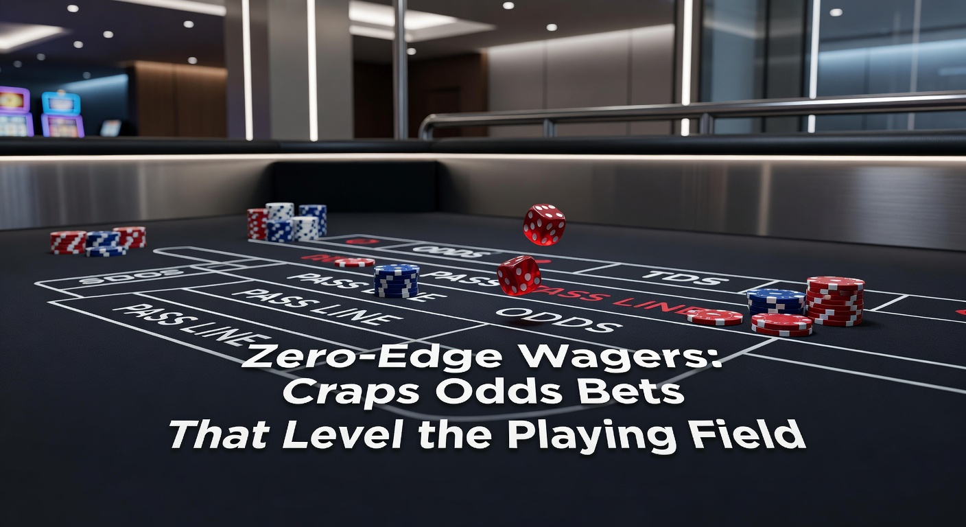 Vibrant craps table showing pass line and odds bet areas, with chips stacked high on zero-edge wagers